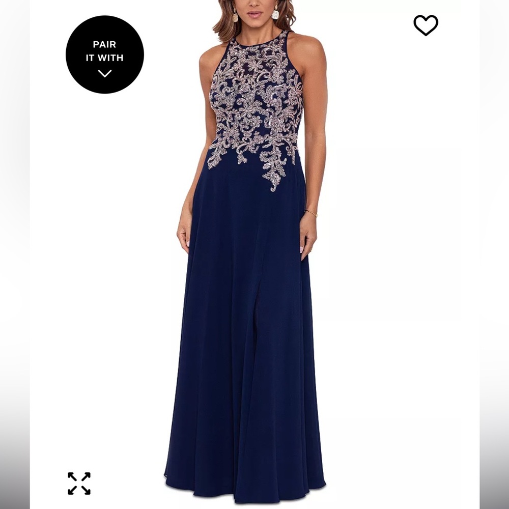 Elegant Navy Blue Evening Gown with Beaded & Sequin Details size 12P New W/ Tags